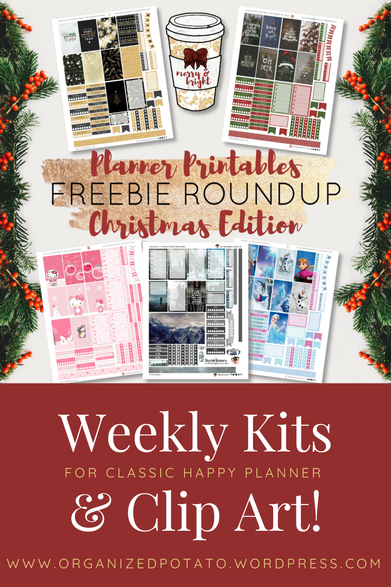 Freebie Roundup! Planner Printables: Christmas Edition. Includes weekly kits for the Classic Happy Planner AND clip art! Some of the weekly kits feature themes like Frozen, Hello Kitty, Skyrim, Black and Gold Glitter, and more traditional Christmas photography!
